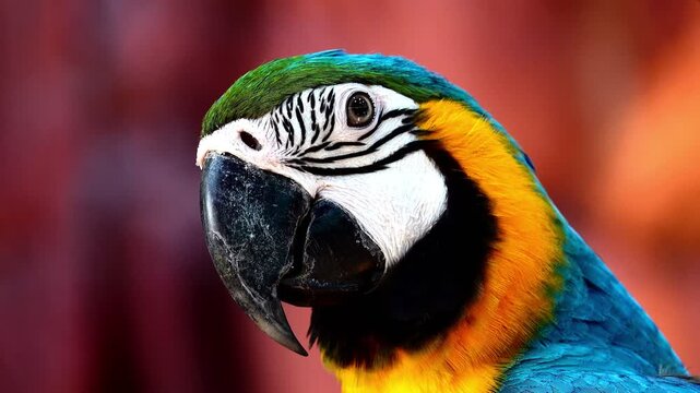 Extreme close-up footage of a blue and yellow macaw showing intricate feather patterns, eye detail and powerful beak in natural light.