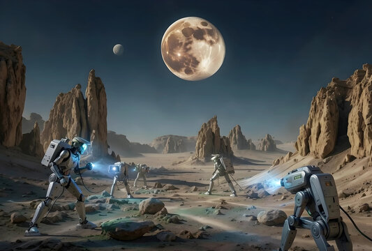 Robots exploring a desert planet under a large moon, futuristic space exploration and artificial intelligence