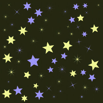 Hand drawn doodle stars pattern with yellow and purple shapes on dark background illustration