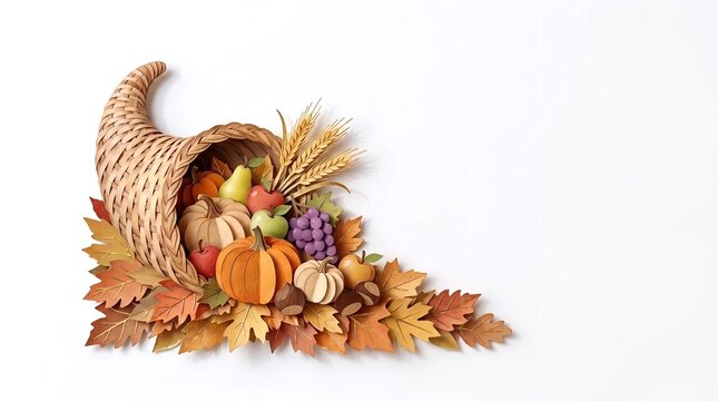 Wicker cornucopia filled with paper craft autumn harvest fruits and vegetables. Seasonal decoration for Thanksgiving holiday. Festive table centerpiece with colorful leaves and wheat.