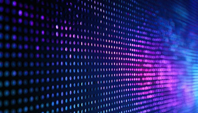 A grid of glowing blue and purple dots fades into darkness, creating an abstract digital background