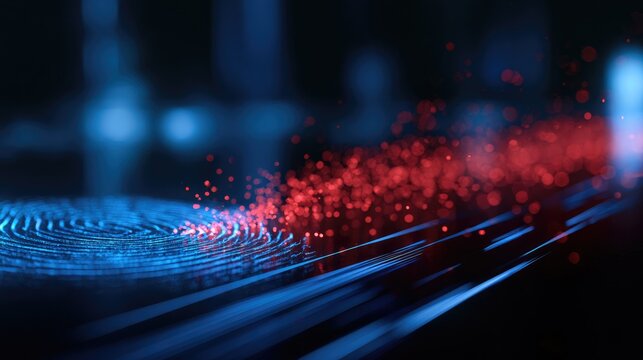 Glowing digital fingerprint morphs into flowing red particles and blue light streaks