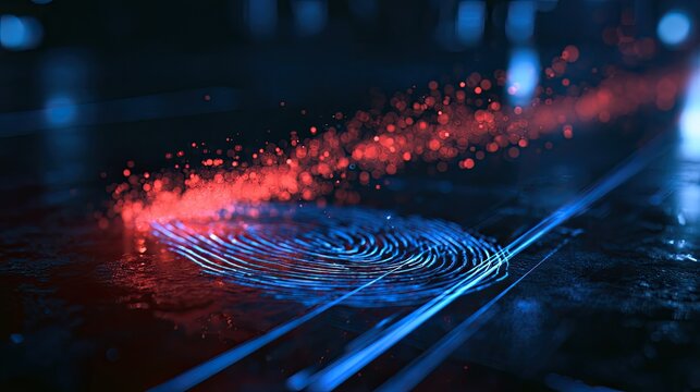 Digital fingerprint glowing blue with red particles flowing over it