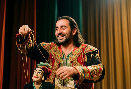 Smiling male puppeteer in traditional costume performing with a marionette puppet on stage, the artist skillfully manipulates the puppets strings, bringing the character to life on stage