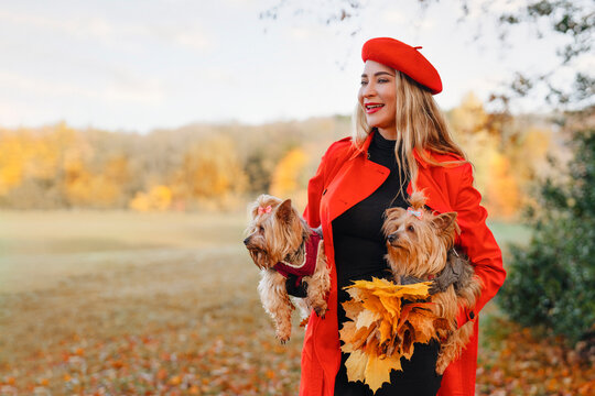Woman wearing red coat and beret holds two small dogs and autumn leaves in a park during daytime