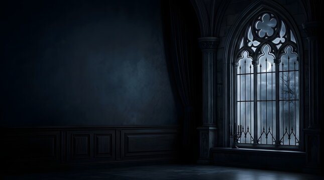 A dark and moody interior room with moonlight shining through an ornate gothic style window at night