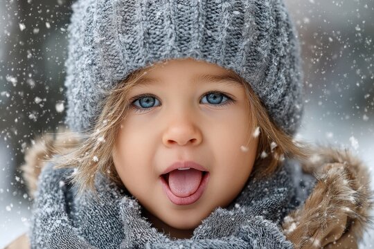 Smiling child with blue eyes enjoying winter snowfall in a cozy sweater hat