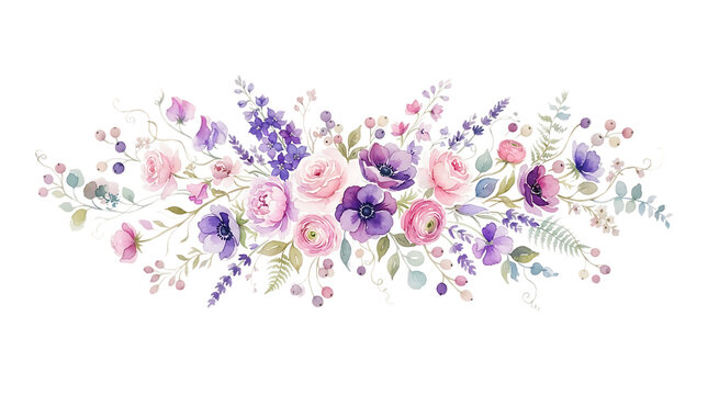 Horizontal floral arrangement with watercolor pink peonies, purple anemones, lavender, and green foliage isolated on a white background, for card isolated on a transparent background