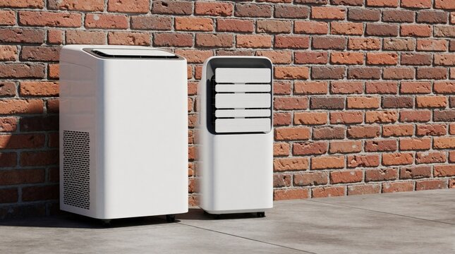 Two white portable air conditioners stand on a concrete floor against a brick wall. These units offer cooling solutions for indoor spaces or patios, ideal for hot weather and providing comfort.