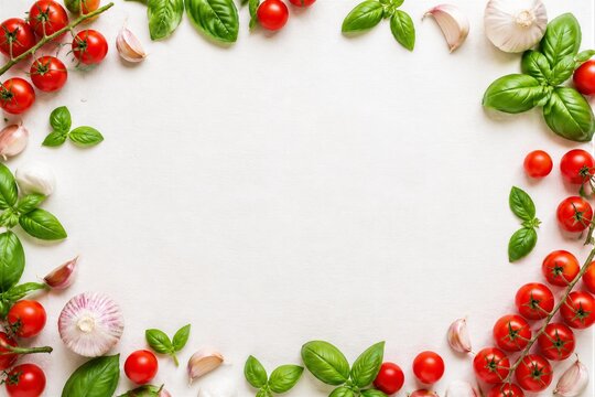 Tomatoes and basil arranged in frame on white background