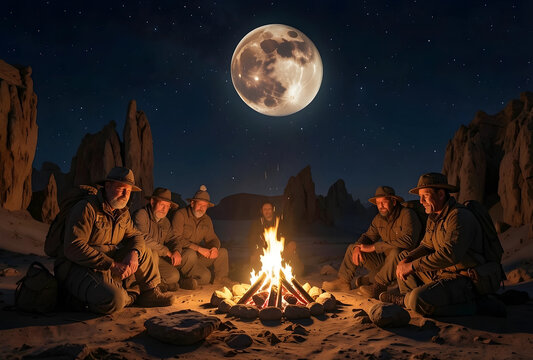 Group of men camping around a campfire under a full moon and starry night sky in a desert landscape, the desert landscape features rocky formations and sand, creating a rugged outdoor setting