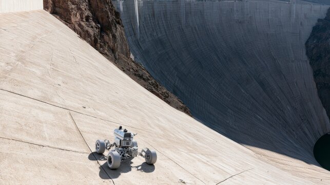 Robot vehicle moves on dam surface near steep slope of concrete structure