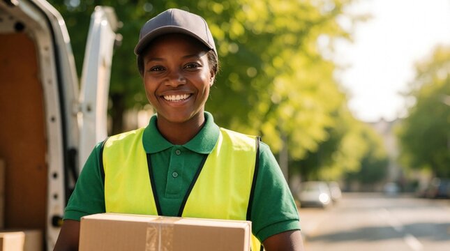 Smiling African woman courier holds cardboard parcel near delivery van. Young black female worker wears green polo, yellow safety vest. Happy delivery service person carries package for home shipping