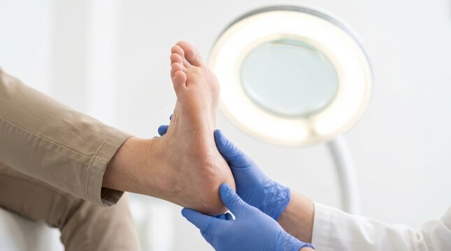 A professional podiatrist examining a client's foot during a medical checkup indoors.