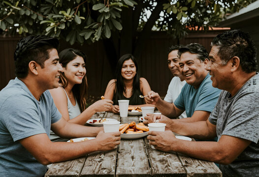Happy hispanic family enjoying an outdoor meal together at a rustic wooden picnic table in a backyard setting