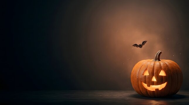 A glowing carved jack o lantern pumpkin sitting in the dark with a small bat flying above