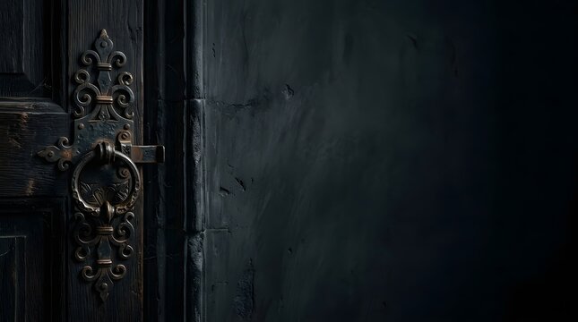 Close up of an ornate antique wooden door with a vintage metal handle in a dark room