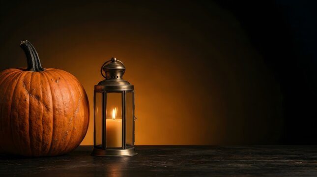A single orange pumpkin beside a vintage glowing lantern on a rustic wooden table with dark background