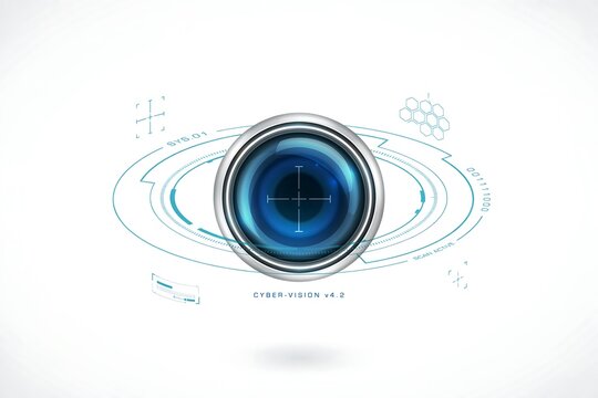 Futuristic digital camera lens with glowing blue iris and holographic targeting interface on white background