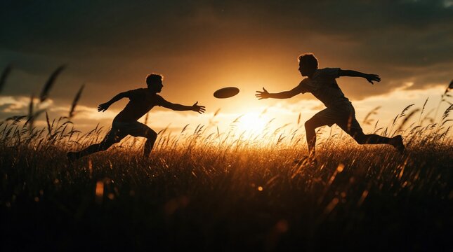 Two silhouettes play frisbee at sunset in tall grass field. Friends compete in flying disc game, enjoying outdoor activity. Golden hour sunlight shines through dry plants during summer evening.