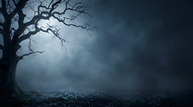 Eerie silhouette of a bare tree against a dark moody night sky with thick rolling fog