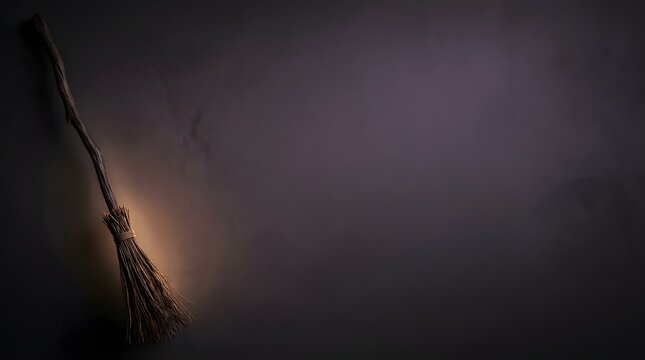 A traditional wooden witch broomstick standing against a dark moody background for a spooky halloween concept