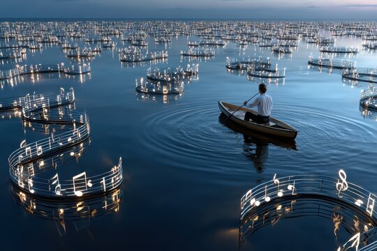 Man rows a boat through glowing musical notes in serene water at dusk
