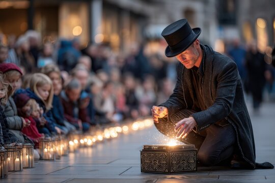 Magician Conjuring Sparks From Ornate Box Before Crowd
