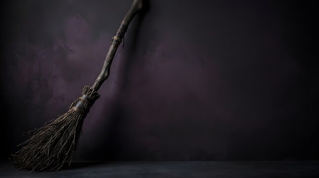A rustic wooden witch broom leaning against a dark textured wall for a mystical halloween background