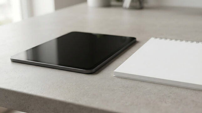 Digital Tablet and Blank Spiral Notebook on Minimalist Desk with Copy Space