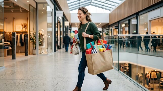 Happy woman carrying many shopping bags full of gifts and presents in a modern shopping mall