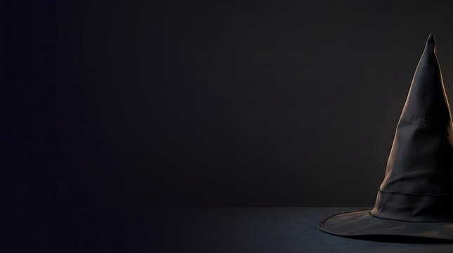 A black witch hat isolated on a dark background with copy space for halloween holiday themes