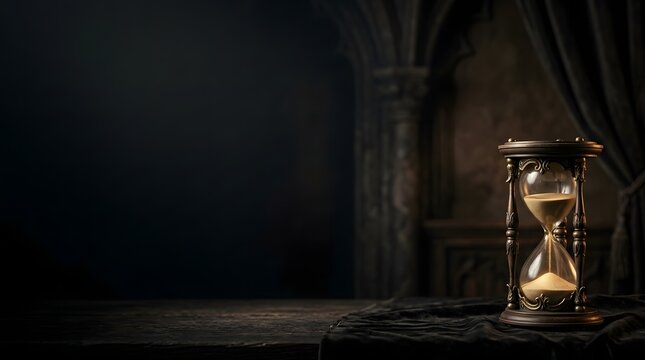 Antique hourglass glows in the darkness representing the passage of time and mortality