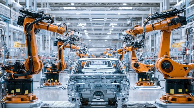 Robots work together on a car assembly line in a modern factory during daylight hours