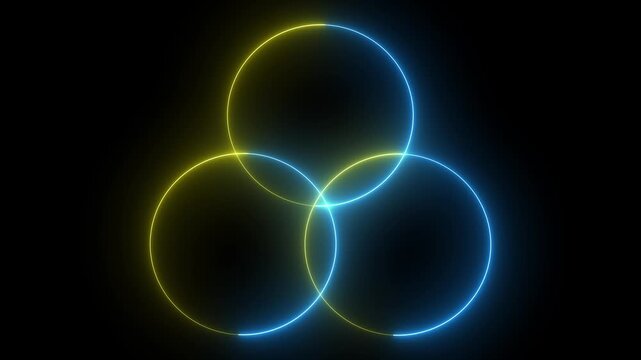 Abstract glowing circles overlapping in yellow and blue neon light three