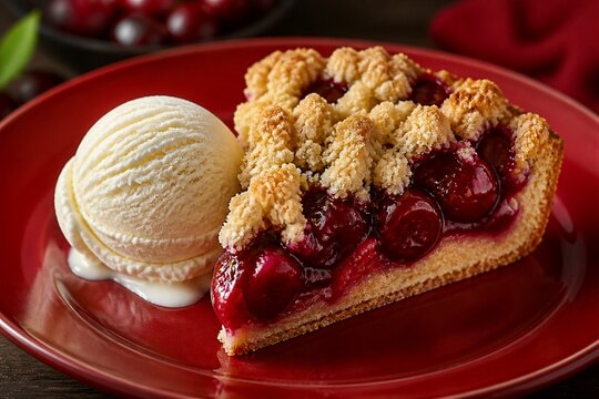 Cherry crumble pie slice plated with vanilla ice cream on red