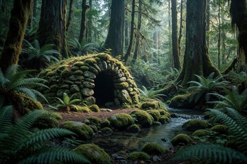 Obraz premium Moss covered stone archway sits beside a forest stream. Ferns and large trees surround a secluded woodland structure. Water flows over rocks near an old forest path.