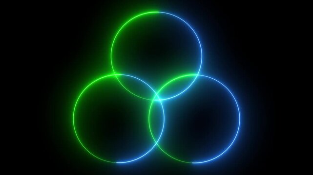 Neon green and blue intersecting circles abstract background three glowing