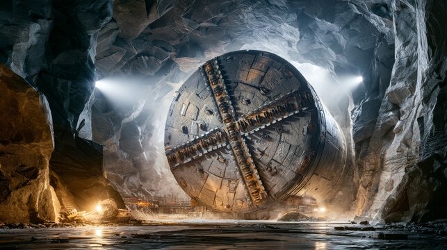 Large tunnel boring machine rests in a dark mining cave with beams of light shining on it