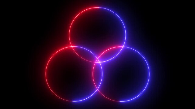Animated glowing red and blue neon circles intersection three overlapping