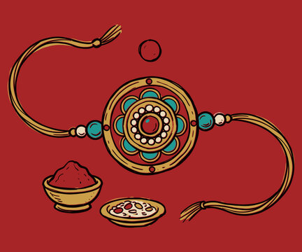 Hand drawn illustration of traditional Rakhi bracelet with Kumkum and rice for Raksha Bandhan