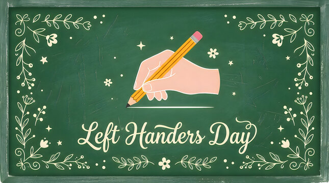 Left handers day celebration graphic with a hand holding a pencil on a green chalkboard background with floral decorative elements