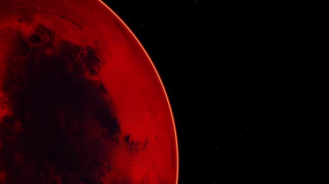 A large red planet is seen from outer space. The surface has visible features and contrasts with the dark background filled with distant stars. This view shows the vastness of space.