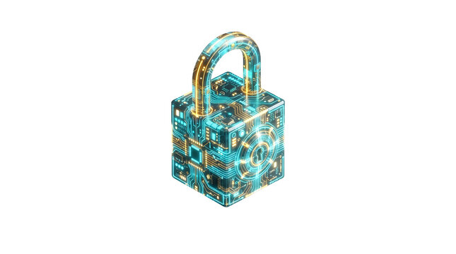 3D isometric cybersecurity padlock icon with glowing turquoise digital particles for tech protection design
