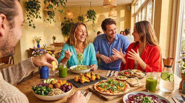 Vegetarian restaurant interior with diners 