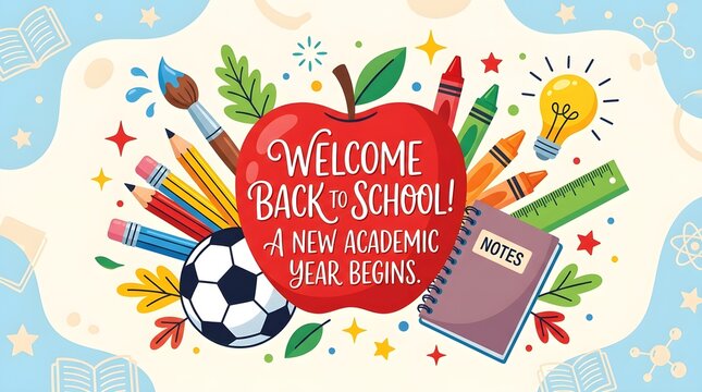 Welcome Back to School banner with red apple and stationery. Academic year greeting with pencils and soccer ball. Colorful education background.