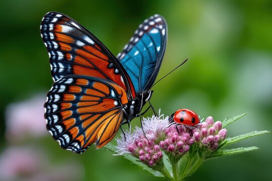 Vibrant Butterfly and Ladybug on Pink Flower