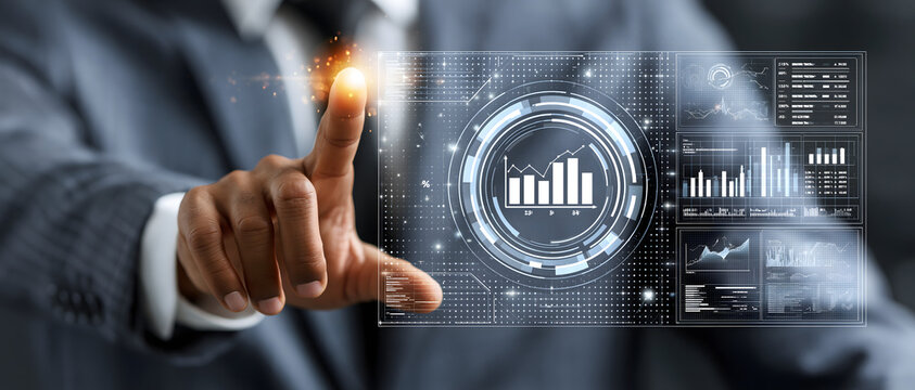 Man interacting with futuristic data visualization interface digital display and analytics business chart analysis driven insight point science financial forecasting graph growth hand