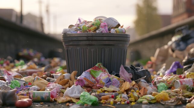 Trash fills the street with overflowing waste bins on a sunny day in an urban area