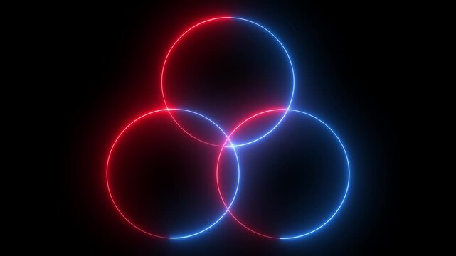 Venn diagram concept with three intersecting red and blue neon circles